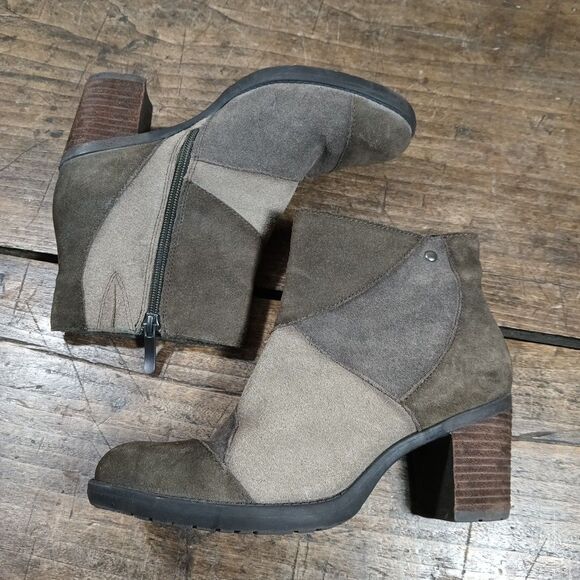Earth Malta Suede Leather Ankle Bootie Sz 8 B Boho Patchwork Chunky Green Gray - Picture 1 of 12